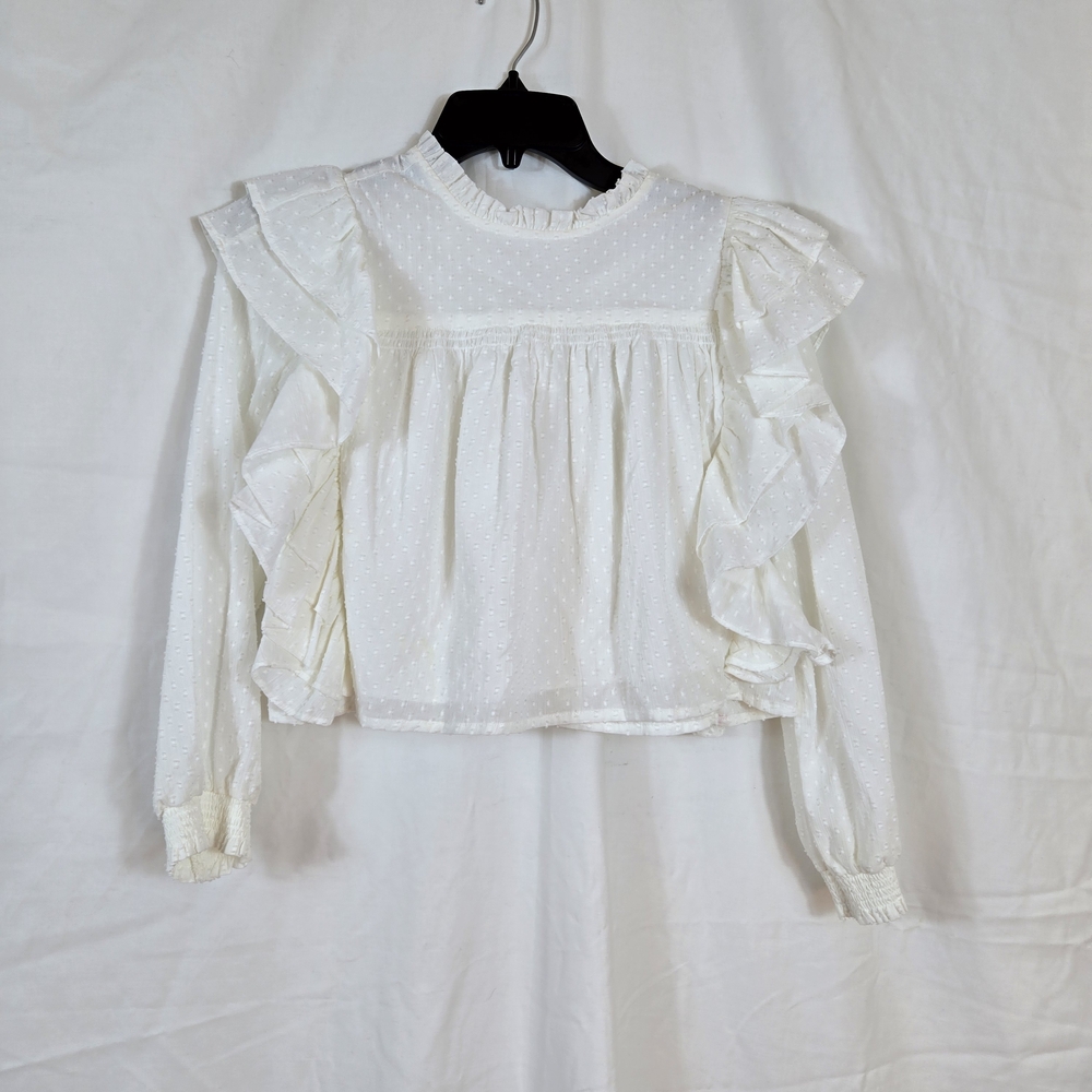 GB Girls White Cottage Ruffle Long Sleeve‎ Swiss Dot Lined Boho Blouse Large NWT